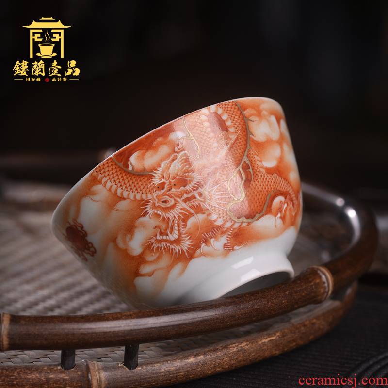 Jingdezhen ceramic all hand - made alum red paint longfeng auspicious master cup from the single CPU large tea cup