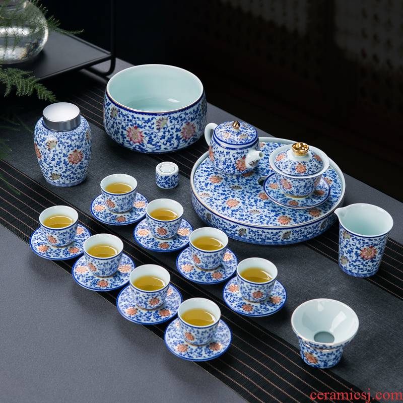Blue and white tie up the see colour of a complete set of lotus flower tea set tea service home jingdezhen ceramic water make tea tea tray
