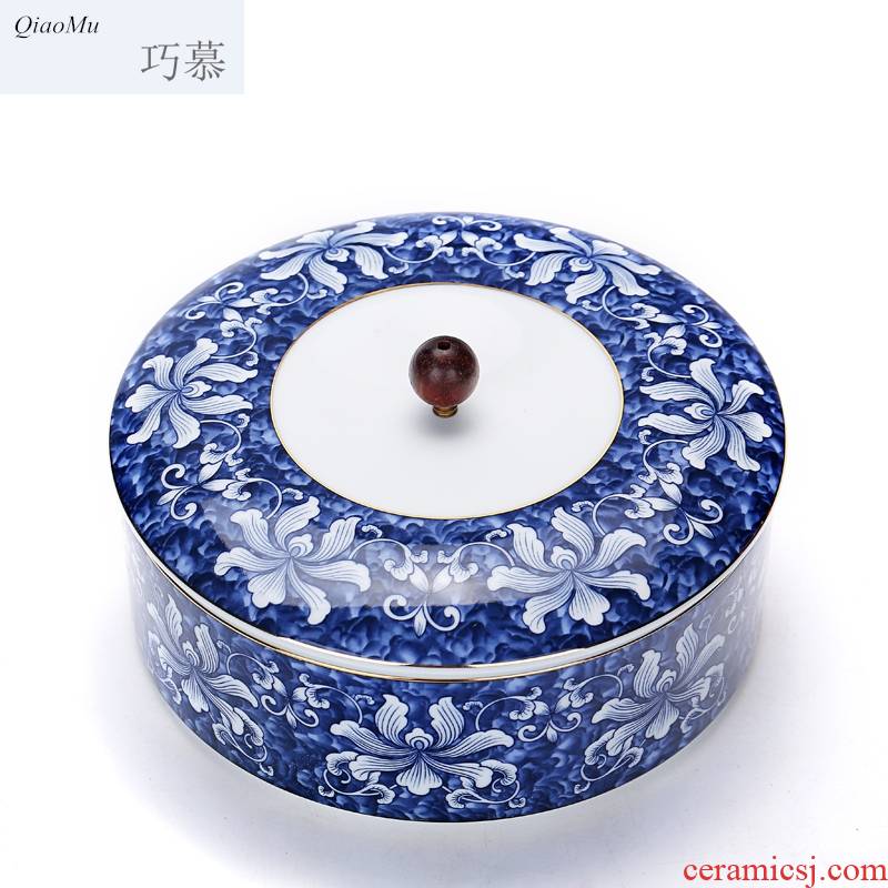 Qiao mu large puer tea box of blue and white porcelain ceramic tea pot tea POTS of tea cake box sealing detong to wake