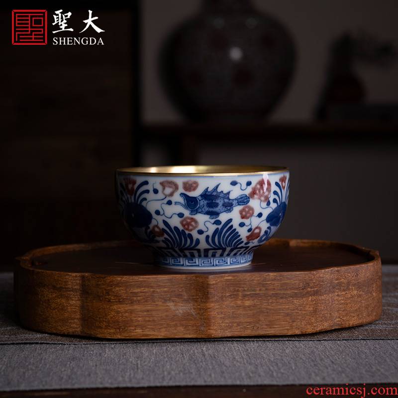 Holy big ceramic kung fu tea cup pure manual hand - made porcelain youligong Jin Bianyu algal lines master cup sample tea cup