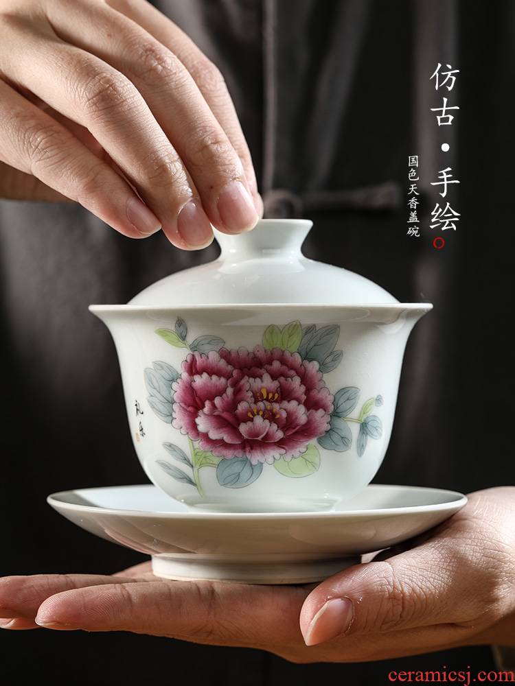 Pure manual only three tureen tea cups jingdezhen hand - made peony large - sized iron bowl kung fu tea set getting out