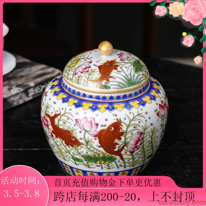 Jingdezhen ceramic colored enamel caddy fixings trumpet with cover half jins of household puer tea to wake tea storage sealed as cans