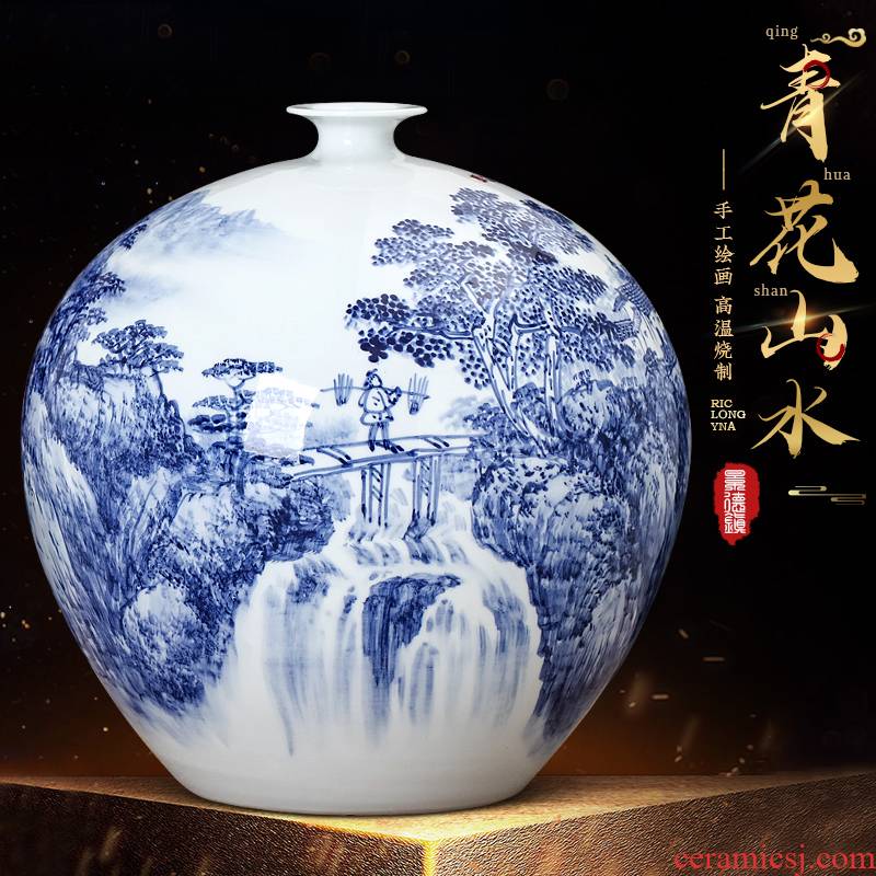 Jingdezhen blue and white landscape hand - made ceramics vase furnishing articles of Chinese style living room TV ark adornment household arranging flowers