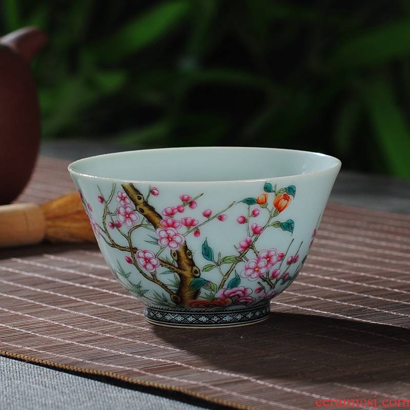 The Owl up jingdezhen antique green glaze colored enamel tea name plum flower wall painting master kung fu tea cups of tea