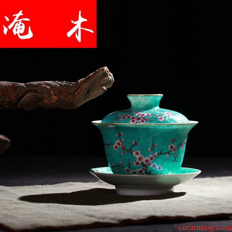 Submerged wood grilled pastel flowers only hand - made tureen three cups of jingdezhen checking quality porcelain tea set emerald green enamel mei