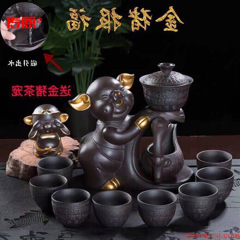 The kitchen fully automatic kung fu tea set household teapot lazy with tea cups, magnetic led purple ceramic terms