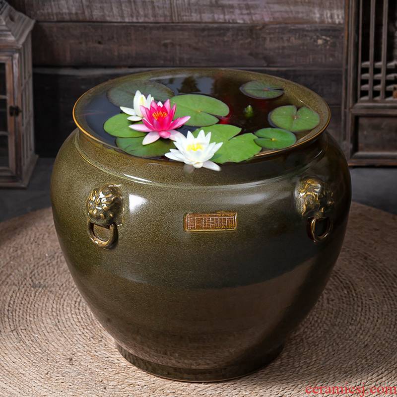 Archaize do old oversized jingdezhen ceramic cylinder lotus breeding courtyard planting cylinder lion a VAT