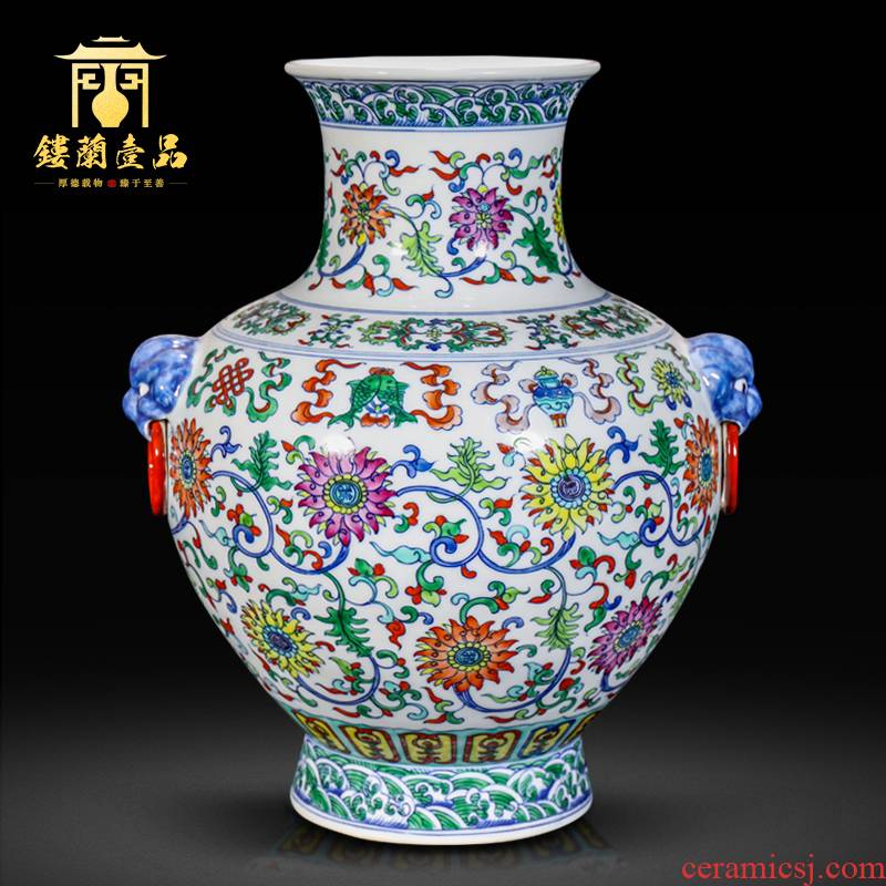 Jingdezhen ceramic dou lions ears flower arranging decorative vase sitting room of the new Chinese style household decorations collection furnishing articles