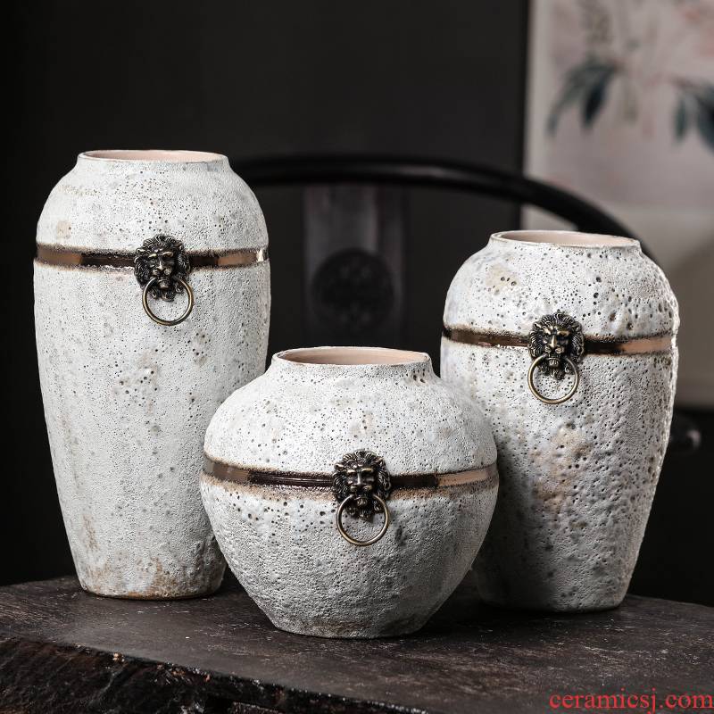 Jingdezhen ceramic retro nostalgia coarse pottery dried flower adornment of modern Chinese style living room wine flower vases, furnishing articles