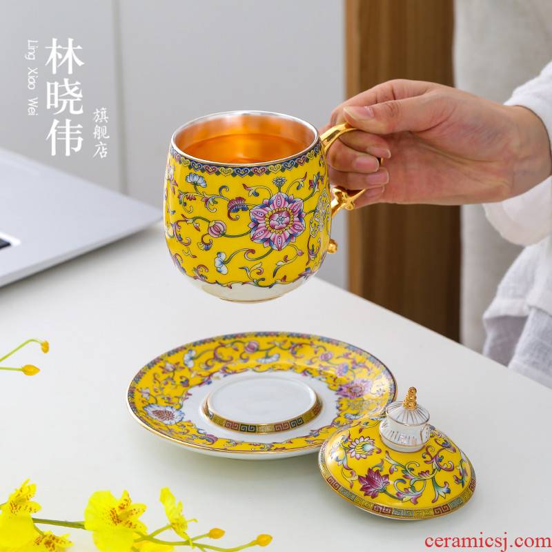 Jingdezhen porcelain enamel glass with cover office personal mark cup 999 sterling silver cup tea cups