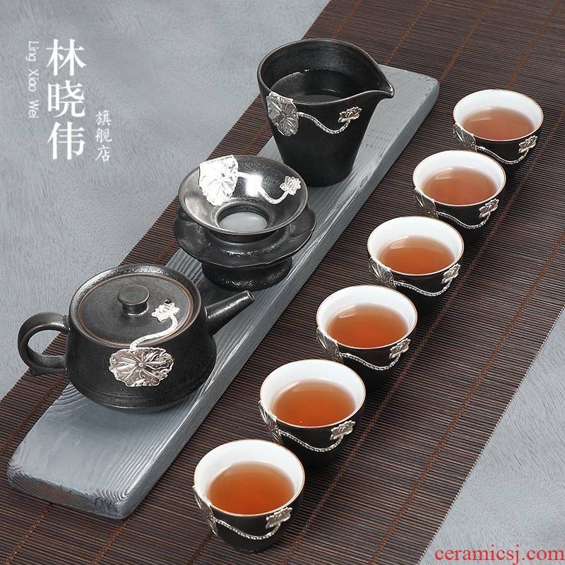 Black pottery with silver tea set kung fu tea set ceramic tea tureen sample tea cup home office of a complete set of the teapot