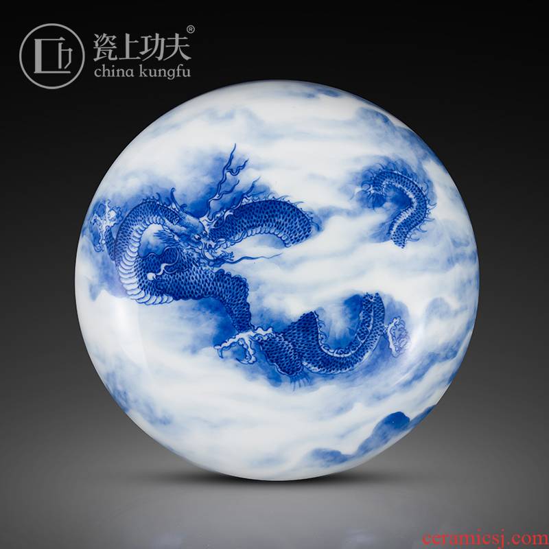 Jingdezhen ceramic checking hand - made blue dragon on day four treasures inkpad inkpad box cylinder receive a case