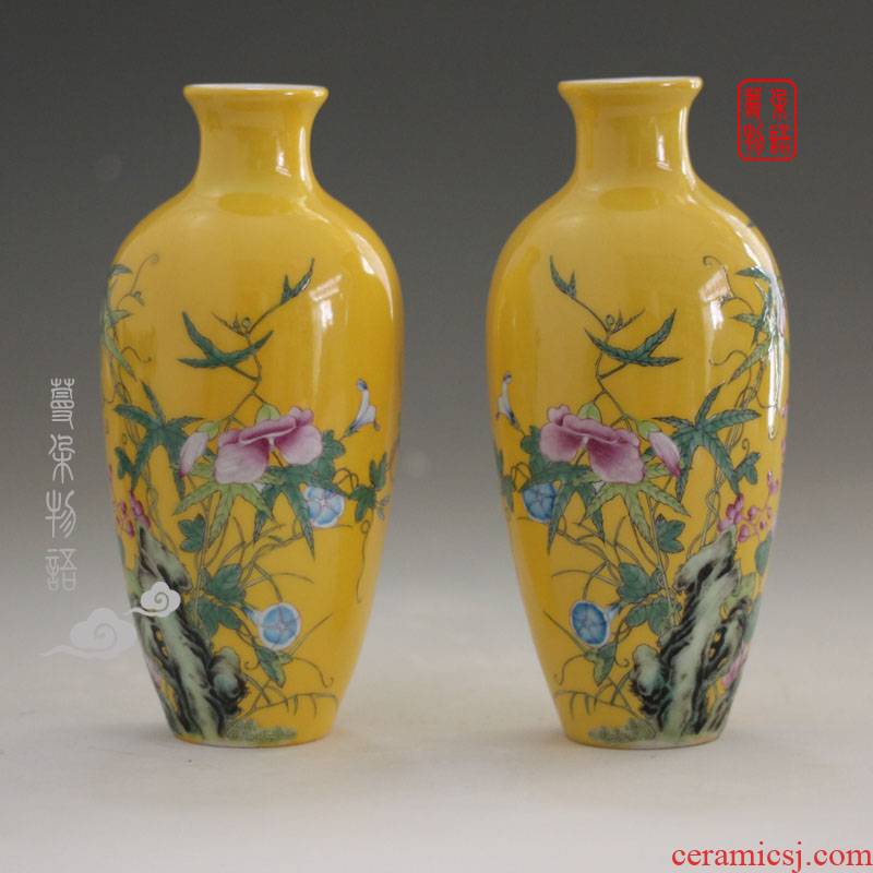 Jingdezhen in yellow powder enamel qianlong imperial porcelain vase 20 cm high rich ancient frame display high - grade powder enamel vase