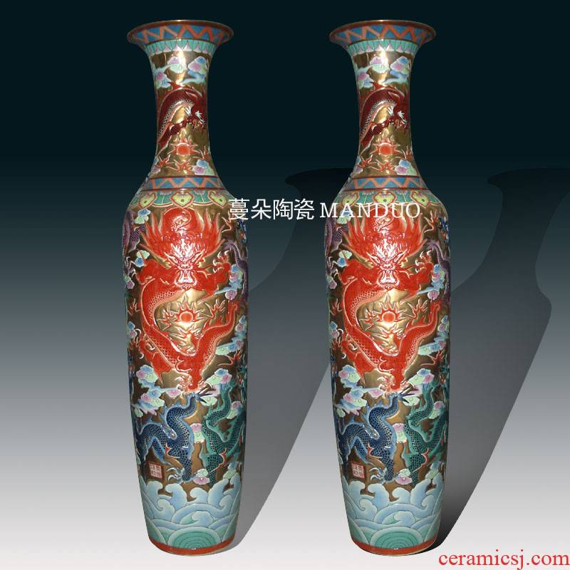 Jingdezhen is 2.2 meters high gold lumbricus grain big vase custom relief dragon air vase