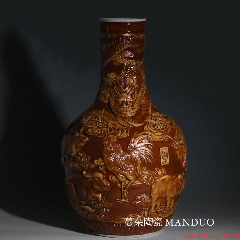 Jingdezhen anaglyph celestial zodiac porcelain vases, antique Chinese zodiac tree brown porcelain