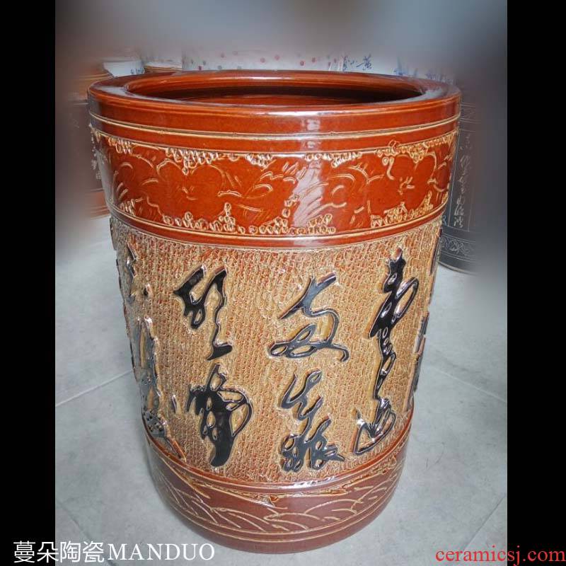 Jingdezhen painting and calligraphy quiver porcelain carving in yellow checking porcelain art barrels of 45 cm high porcelain quiver