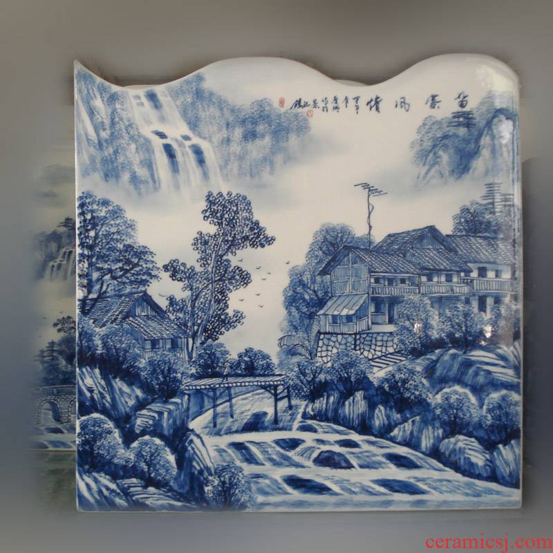 Jingdezhen blue and white vase square set is hand draw landscape square landscape high - grade hand - made mesa decorative vase