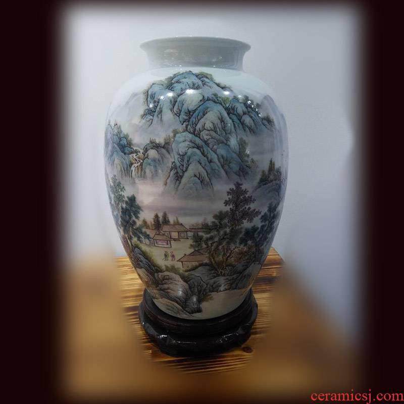 Jingdezhen collection gift of painting landscape powder enamel vase 50 cm high painting painting appreciation vase of pure painting