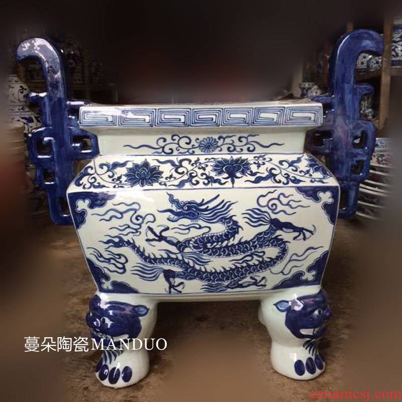 Jingdezhen hand - made blue large temple gods plugged ding xiang xiang furnace buddhist temple worship square porcelain pot furnishing articles