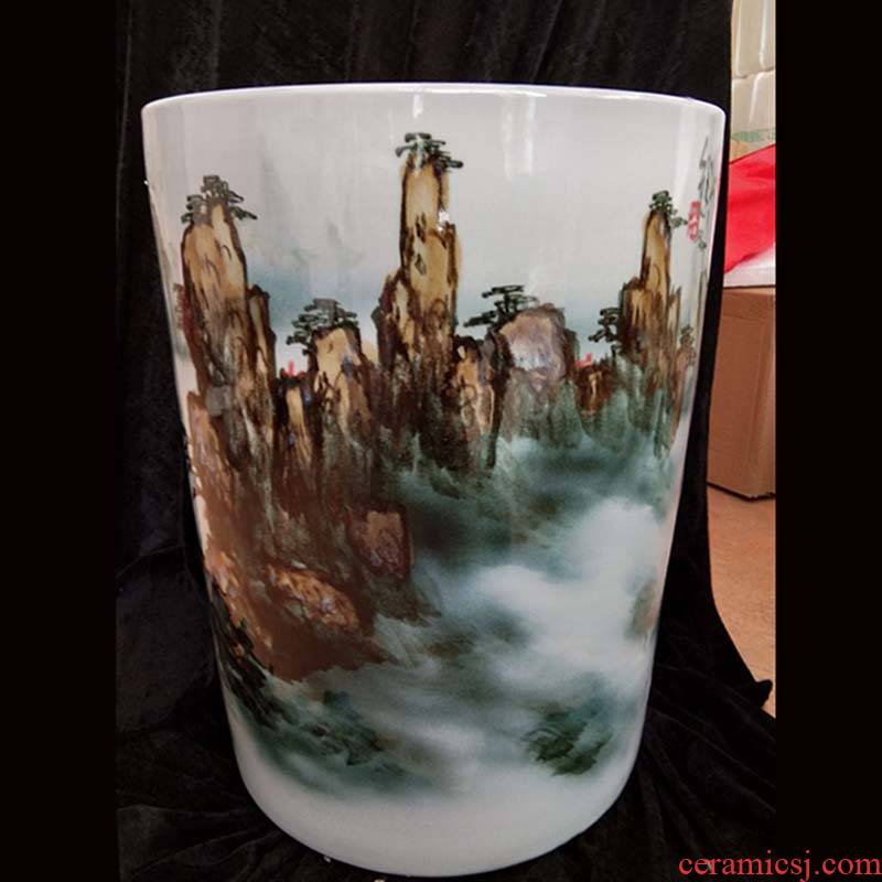 Jingdezhen hand - made straight huangshan quiver up porcelain vase painting and calligraphy cylinder up and vase