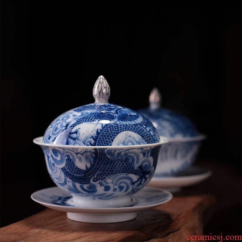 Blue longfeng couples tureen jingdezhen ceramic kung fu tea set teacups hand - made three bowl and cup collection