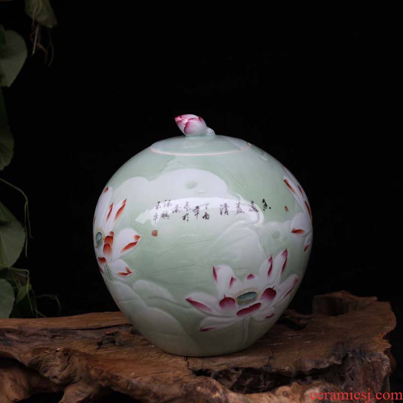 15 jin famous jingdezhen hand - made porcelain carved lotus cover pot barrel ricer box collection place food as cans