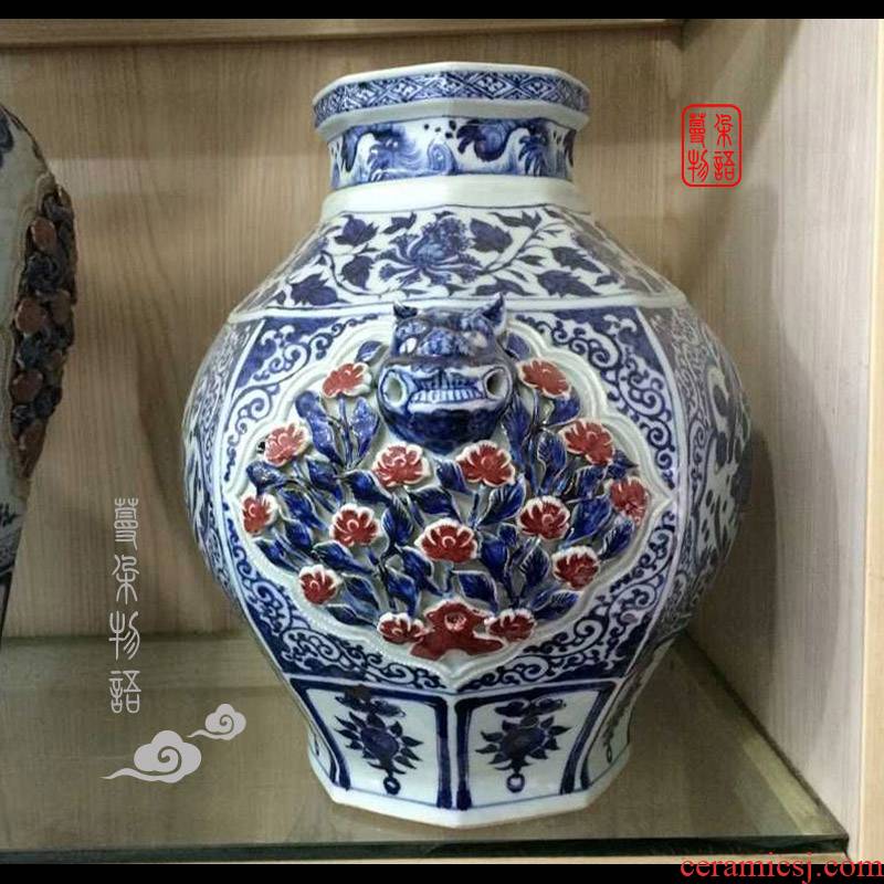Jingdezhen imitation of the yuan dynasty Ming dynasty heap flower beast ear cover can of Jingdezhen ceramics high copy hollow out a bunch of flower pot