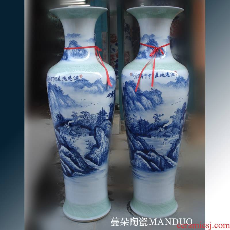 Jingdezhen blue and white landscape hand - made people elegant indoor living room 1.6 meters tall vase hand - made porcelain vase