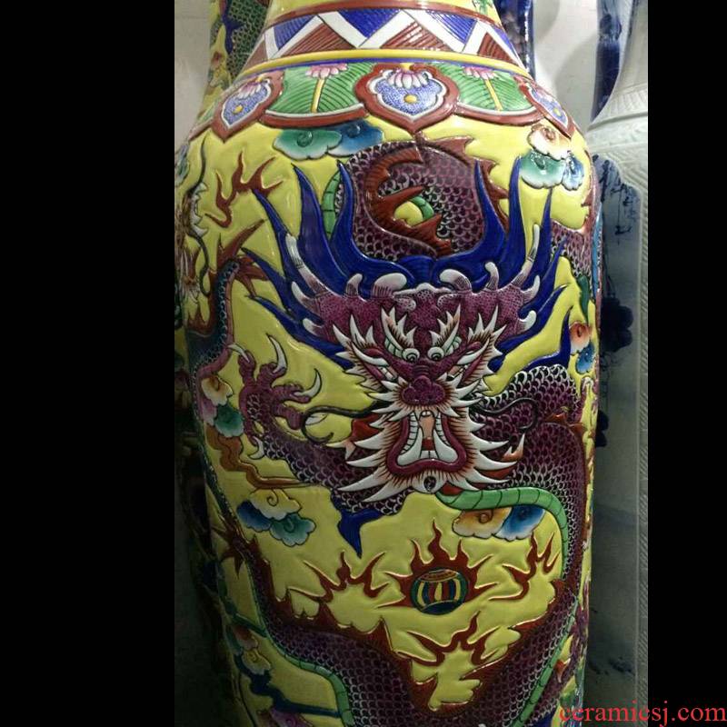 Jingdezhen hand - made color yellow bottom relief dragon 2.2 meters tall vases