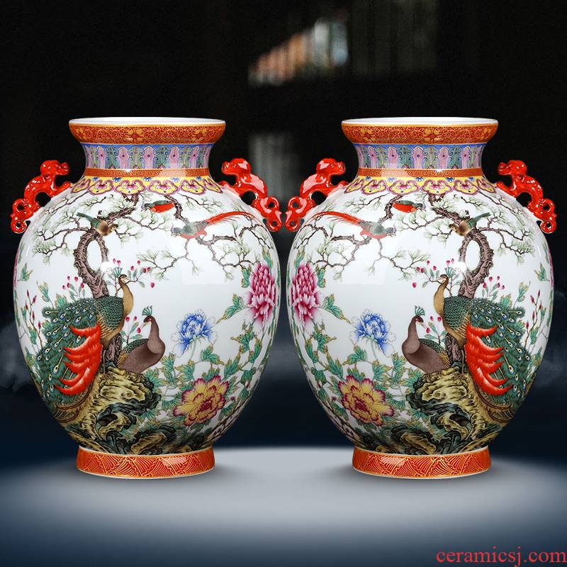 Jingdezhen ceramic vase furnishing articles archaize ears peacock enamel bottles of Chinese style living room porch flower decorations