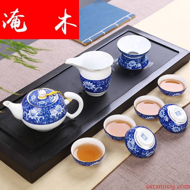 Flooded wooden household hand - made kung fu tea cups high - white porcelain paint full straight side to the pot of narrow pot lid bowl of tea set
