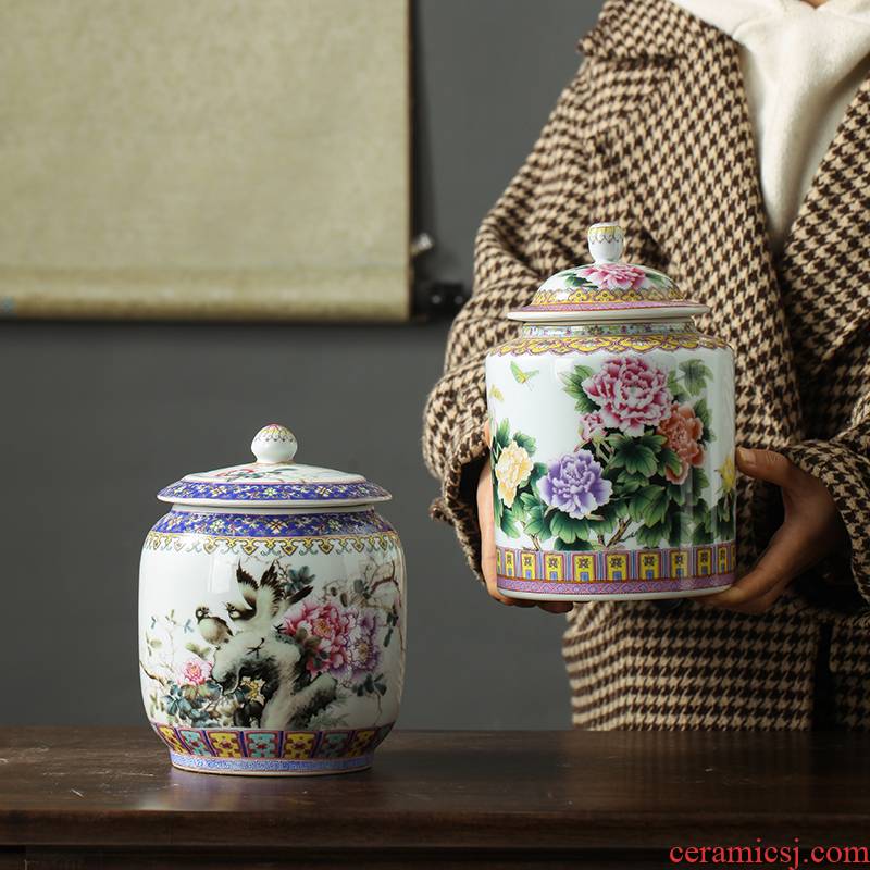 Jingdezhen ceramic with pastel caddy fixings cover pu 'er tea as cans sealed tank household enamel tea