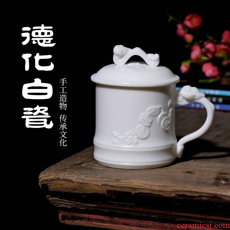 Qiao mu PMZ pure manual dehua white porcelain teacup master cup personal cup with cover large capacity ceramic mugs