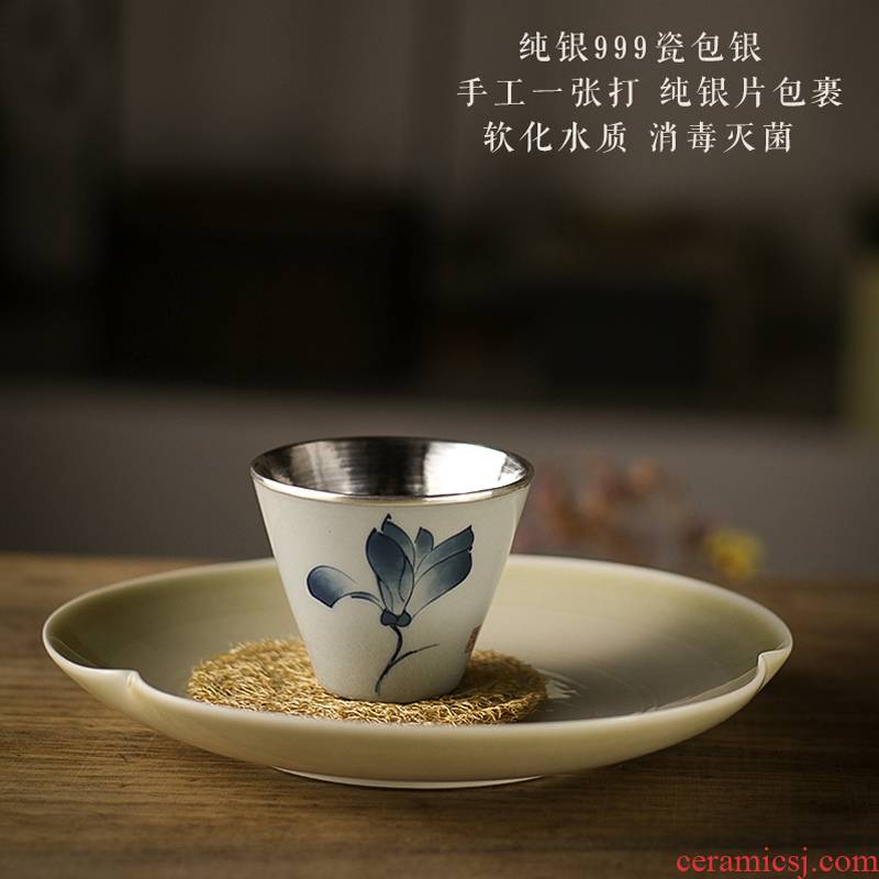 Blue and white porcelain ceramic silvering teacup kung fu masters cup tea set personal special glass cups single sample tea cup