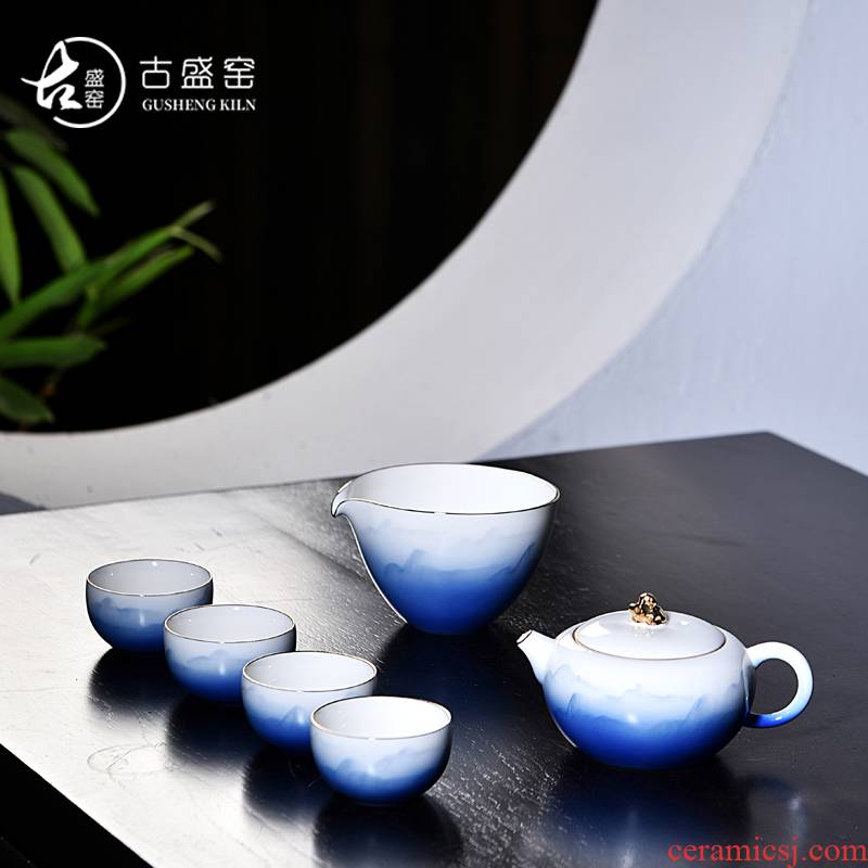 Ancient sheng up hand - made landscape painting crack of blue and white porcelain cup tureen a pot of three cups of white porcelain tea tea set suits for the to travel