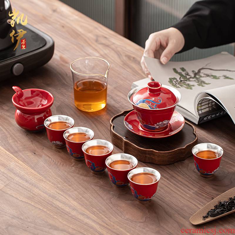 Ji red time three only tasted silver gilding tureen kung fu tea set of household ceramic tea cups lid bowl silver cup