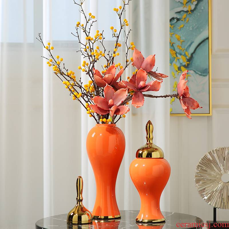 Modern light key-2 luxury living room TV cabinet ceramic vase simulation dry flower arranging flowers is placed American creative home decorations