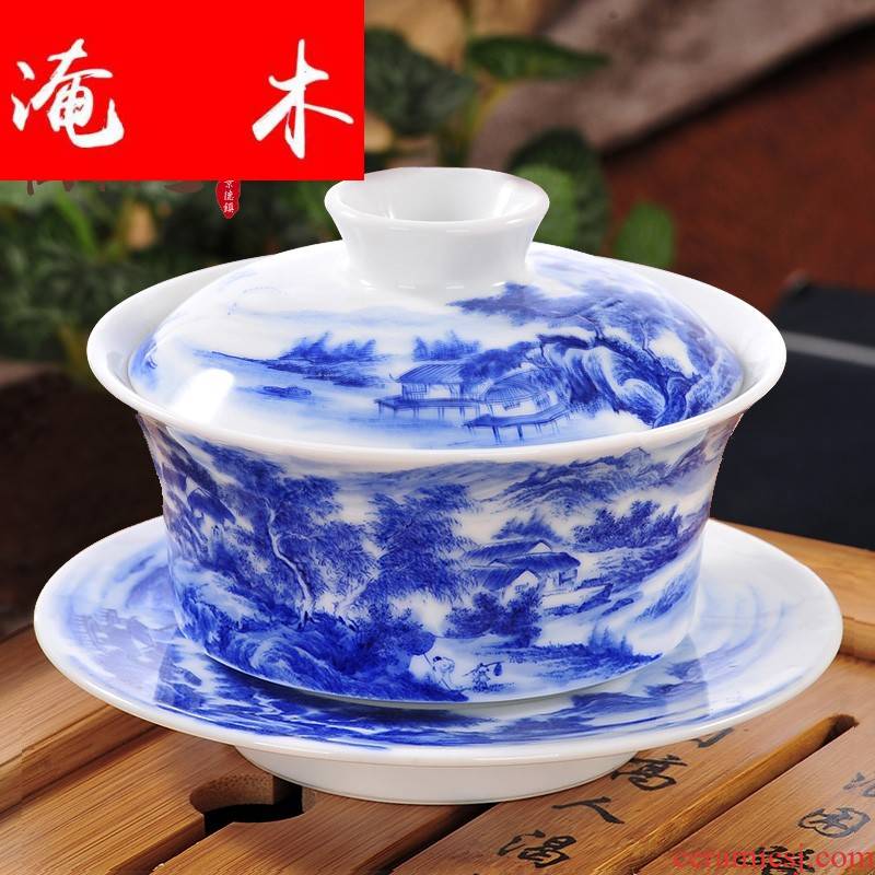 Submerged wood pure manual tureen large heavy fine pen hand - made cups landscape jingdezhen blue and white porcelain tea set