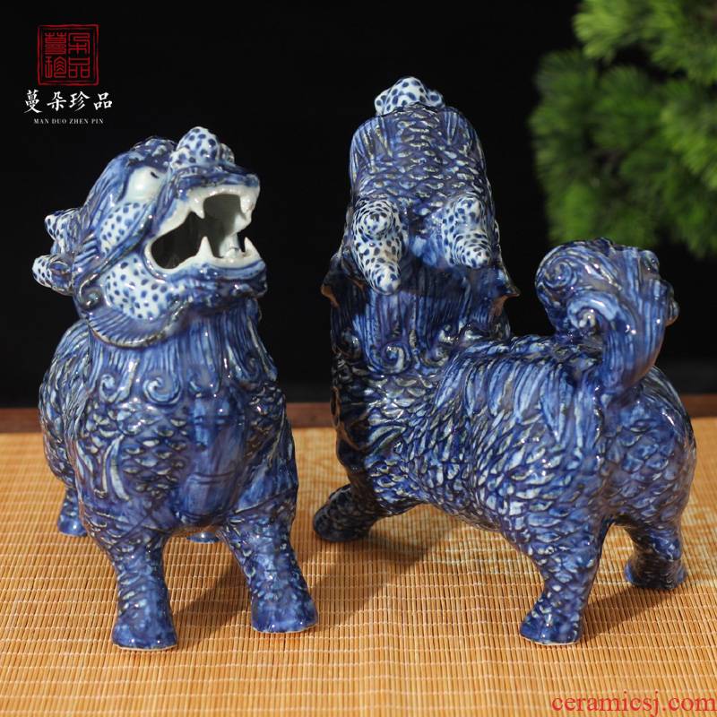 Blue and white, Blue and white kirin kirin ceramic porcelain Blue and white lion furnishing articles furnishing articles, small ornaments to bless