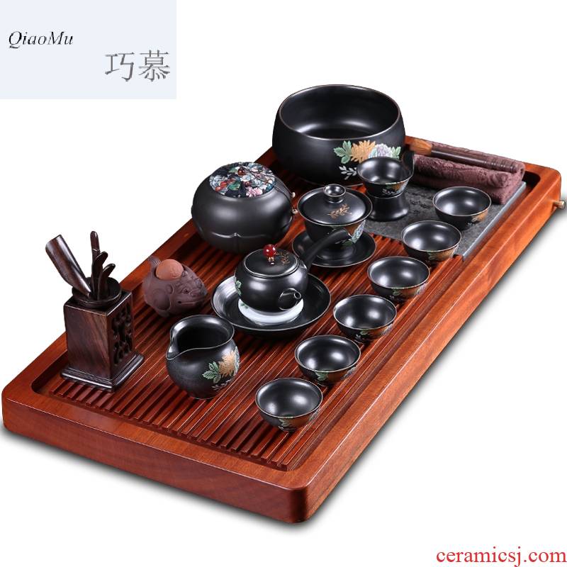 Qiao mu hua limu tea set elder brother up of a complete set of automatic kung fu tea set solid wood tea tray was purple sand teapot