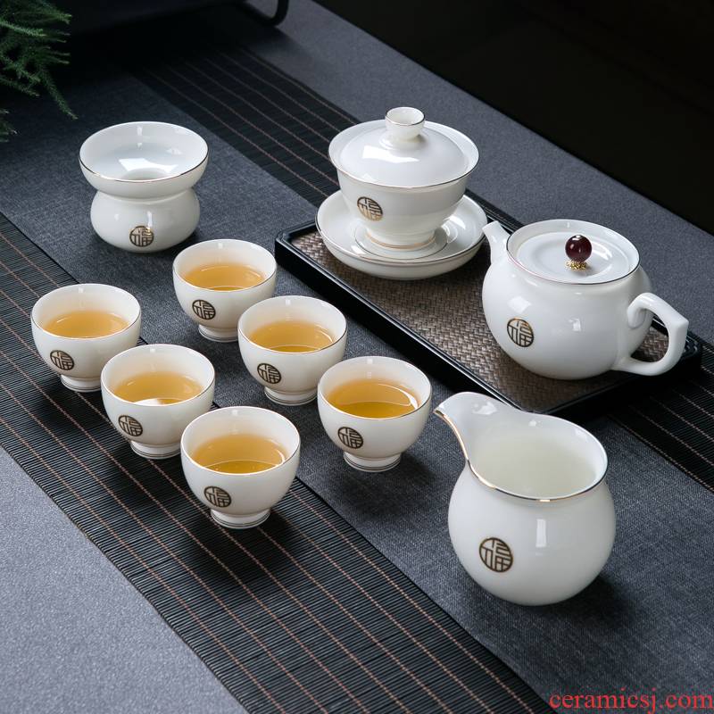 Suet jade white porcelain kung fu tea set home sitting room of jingdezhen ceramic paint a small set of contracted tea