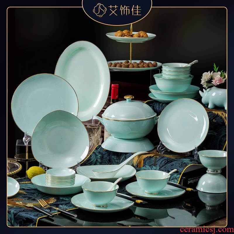 Jingdezhen high - grade light shadow celadon tableware suit household European contracted hand - made key-2 luxury up phnom penh ipads plate combination