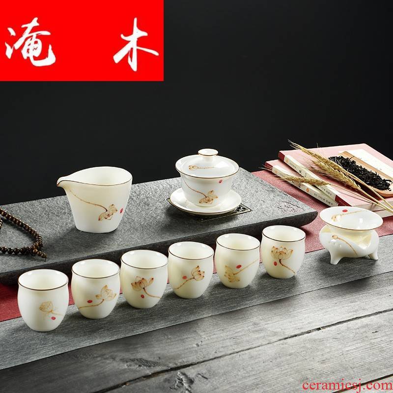 Submerged wood hand - made suet jade porcelain tea set kung fu tea set gift porcelain tureen cups gift boxes