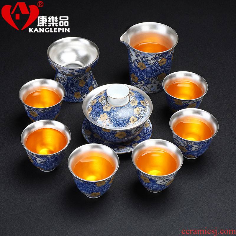 Recreational product ceramic coppering. As silver 999 kung fu tea set tureen teapot small tea cups of a complete set of gift boxes