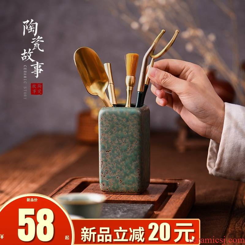 Ceramic knives story tea tea six gentleman 's suit ChaZhen kung fu light key-2 luxury ebony pure copper tea accessories
