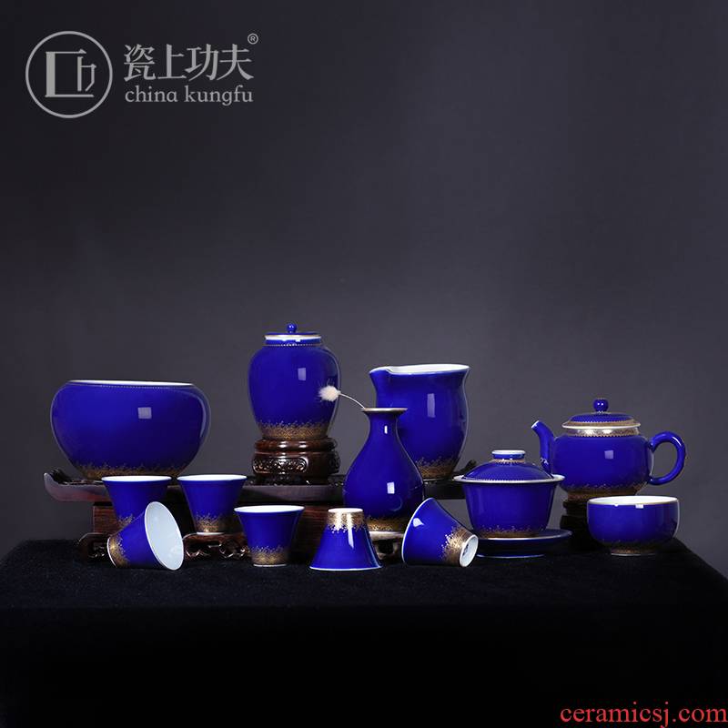 Jingdezhen ceramic ji blue hand - made paint kung fu tea sets high - end gifts tureen large living room office