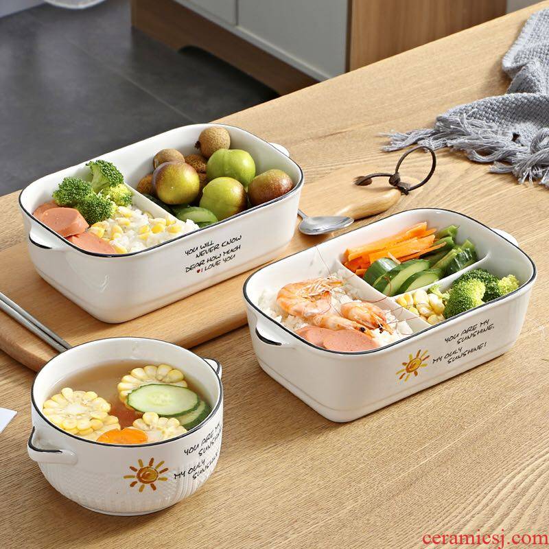Can into the microwave ceramic cartoon more than three frames lunch box lunch box three - piece Can microwave bento boxes
