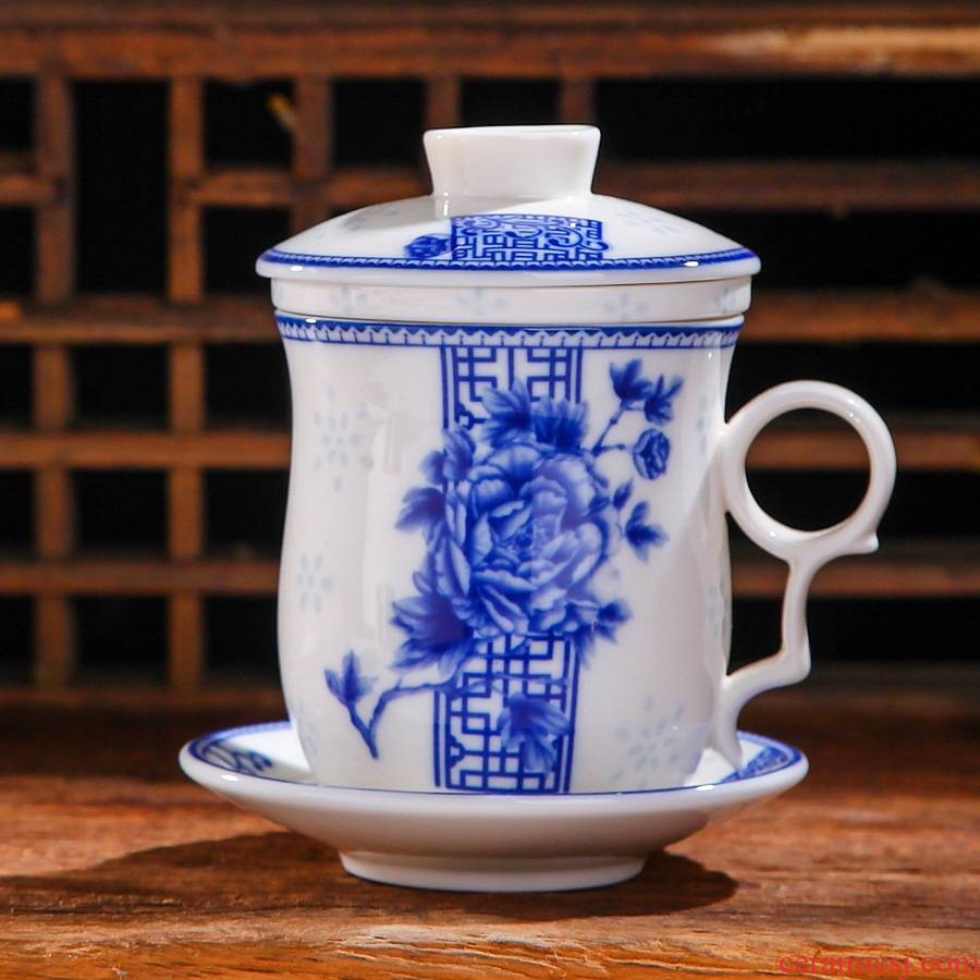Qiao mu of jingdezhen blue and white porcelain cup 4 times of office filter cup gift cup cup with cover