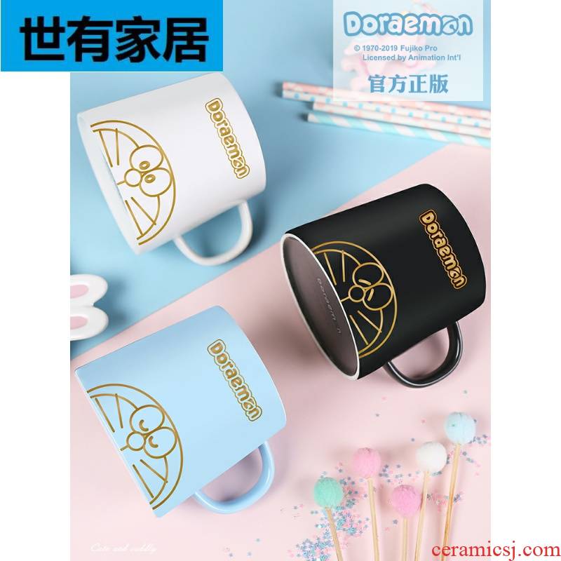 Mark cup with cover of pottery and porcelain spoon doraemon cup girl mood picking cup coffee cup creative move trend
