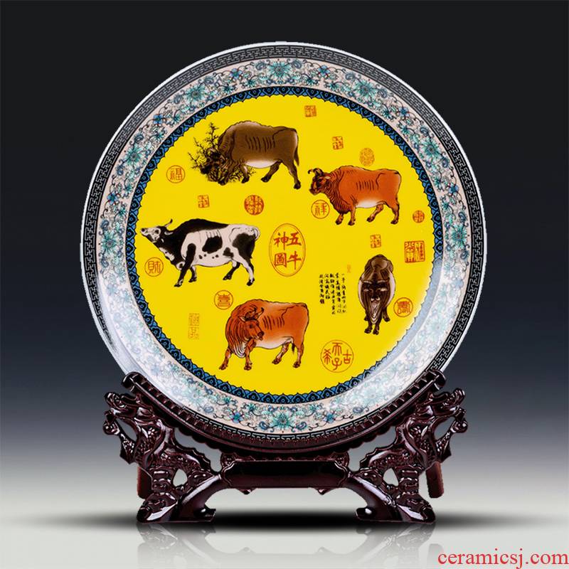 Jingdezhen ceramics five NiuTu sitting room of the new Chinese style household decorative plate hang dish rich ancient frame furnishing articles of handicraft